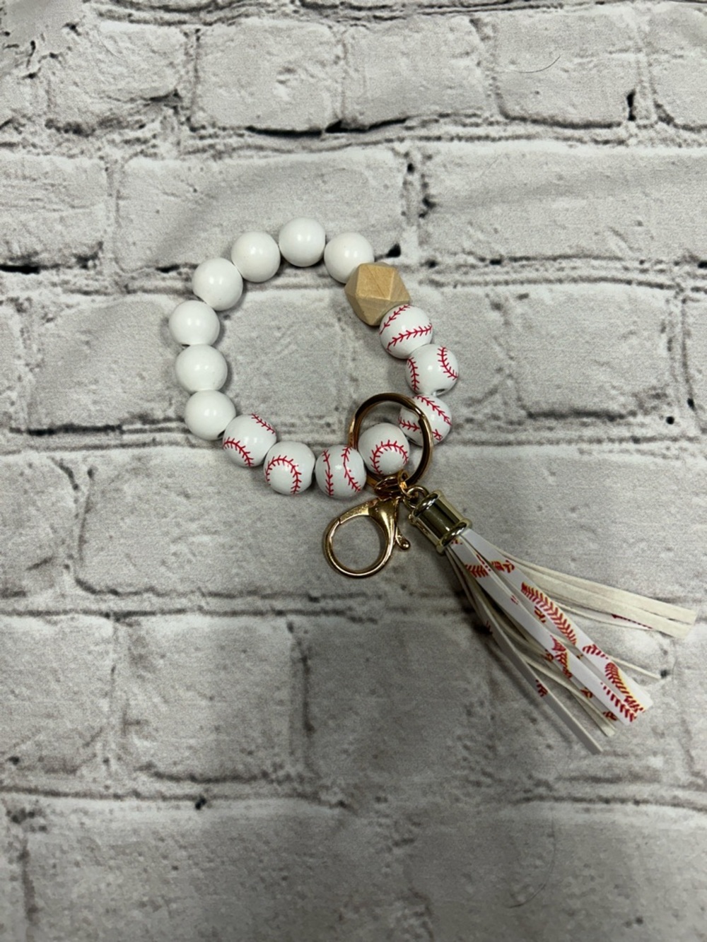 Baseball Bead Wristlet Keychain with Tassel